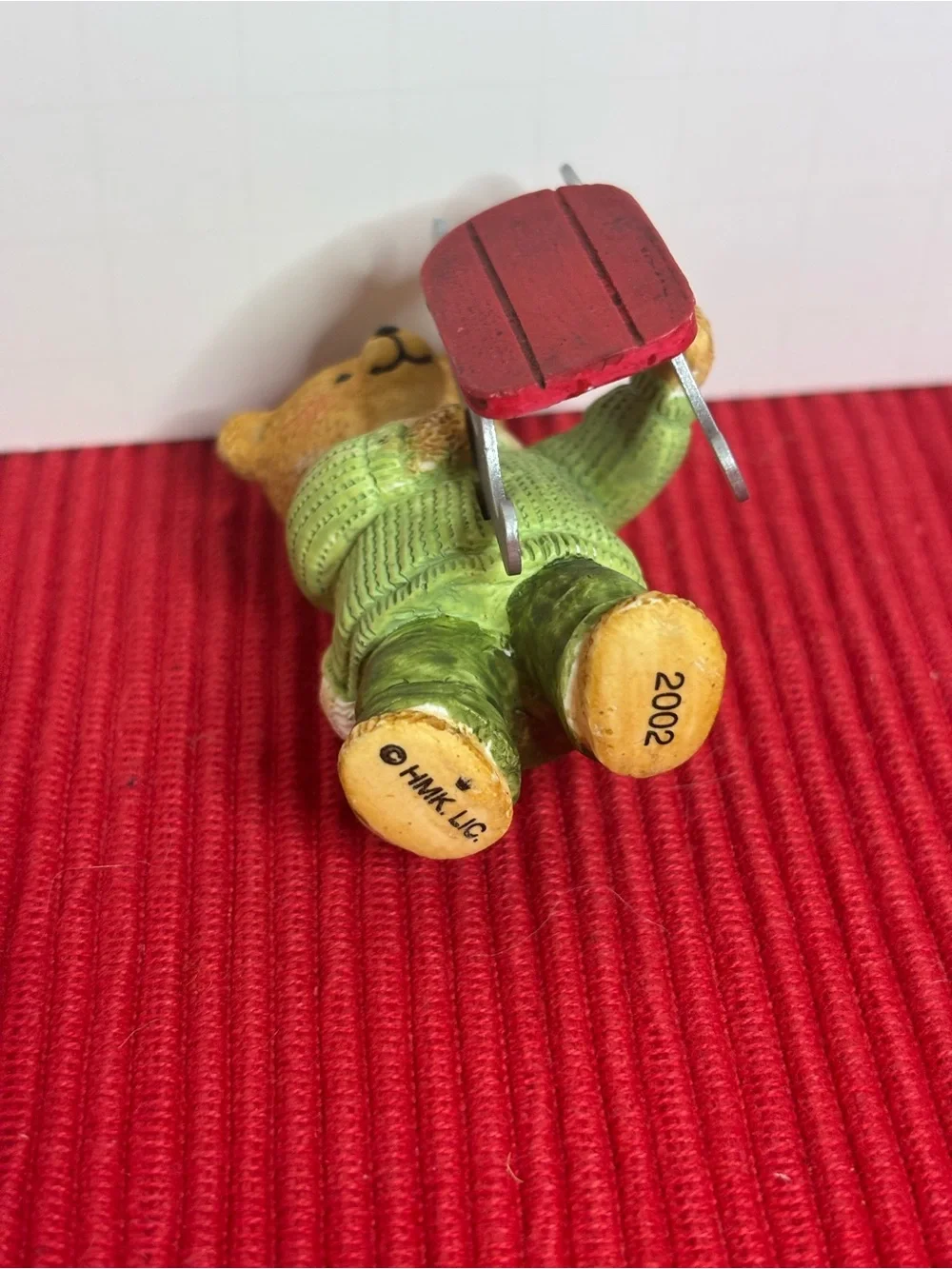 Hallmark Dexter Next Bear Ornament in Green Sweater with Red Sled
